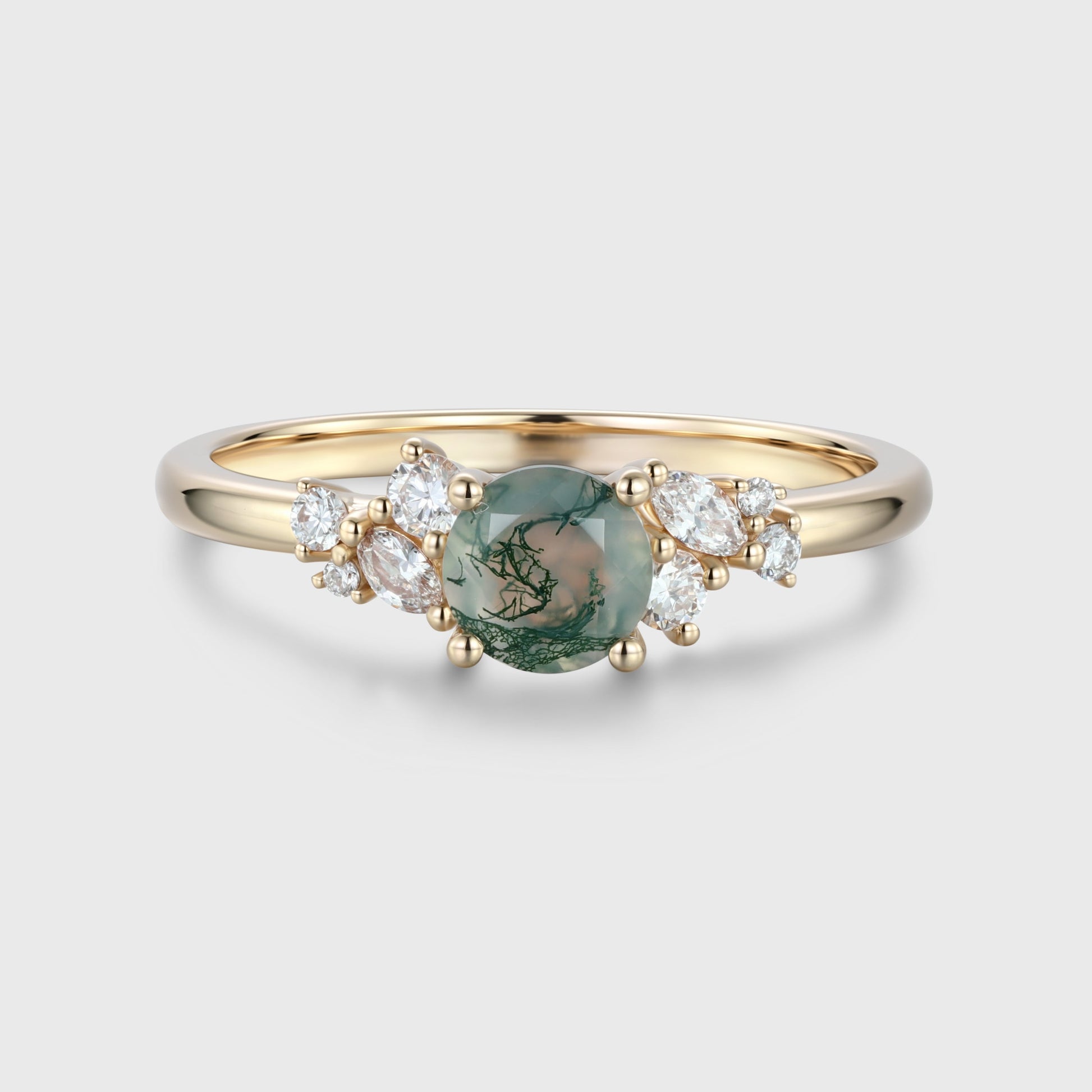 Round cut Moss Agate Matching Moissanite | Diamonds Gold Engagement Ring