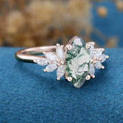 Marquise Cut Natural Green Moss Agate Cluster Engagement Ring 
