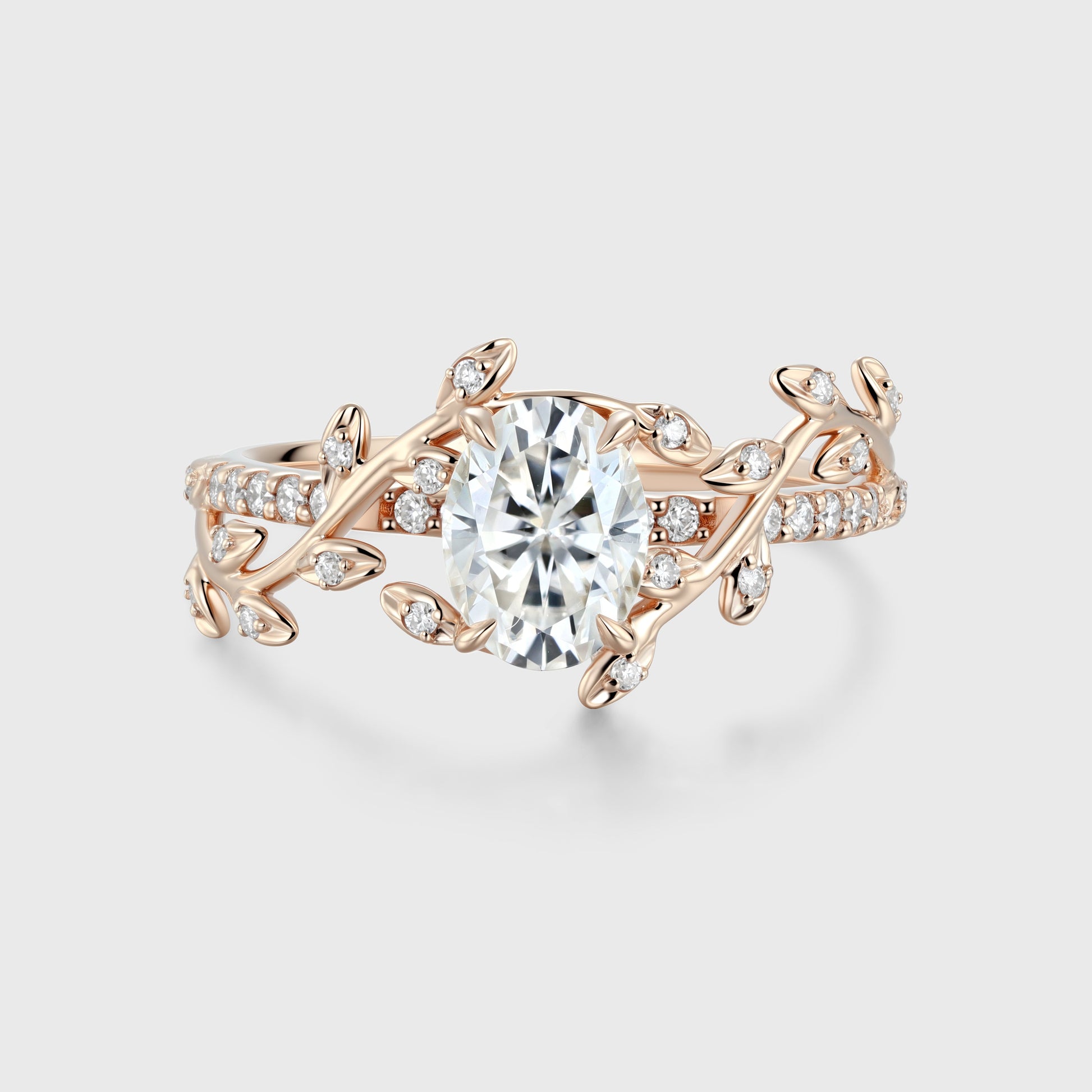 Nature Inspired Oval cut Moissanite Leaf Gold Engagement Ring