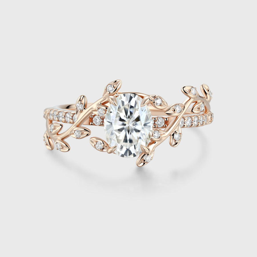 Nature Inspired Oval cut Moissanite Leaf Gold Engagement Ring