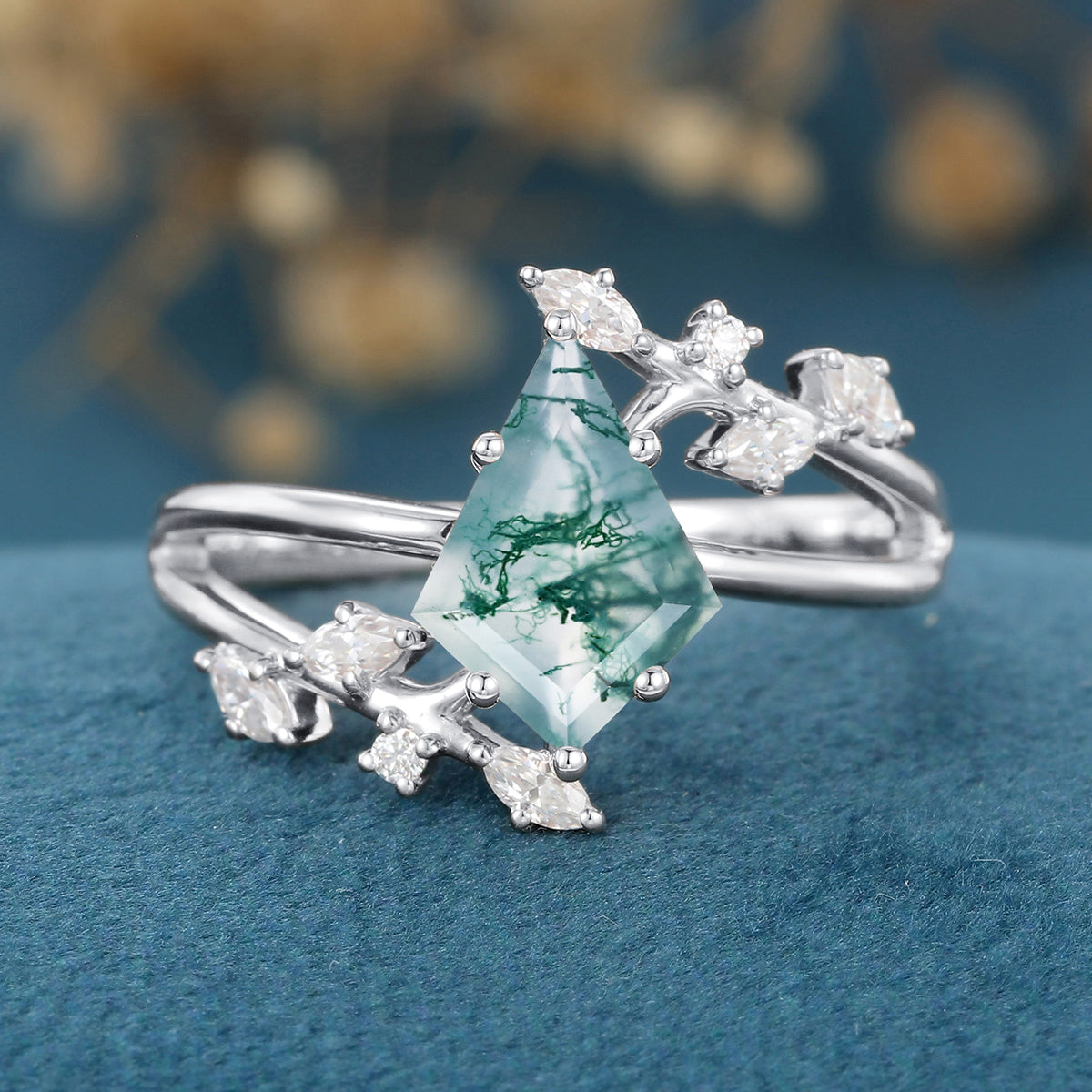 Kite Cut Natural Green Moss Agate Cluster Engagement Ring