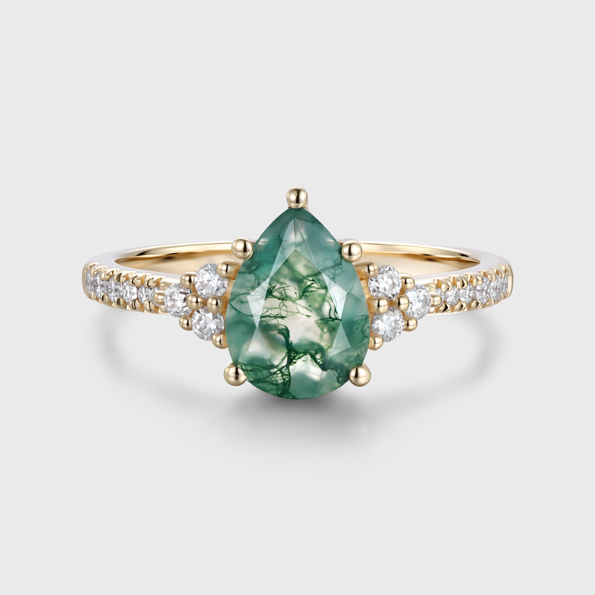 Pear Cut Natural Green Moss Agate Cluster Engagement Ring