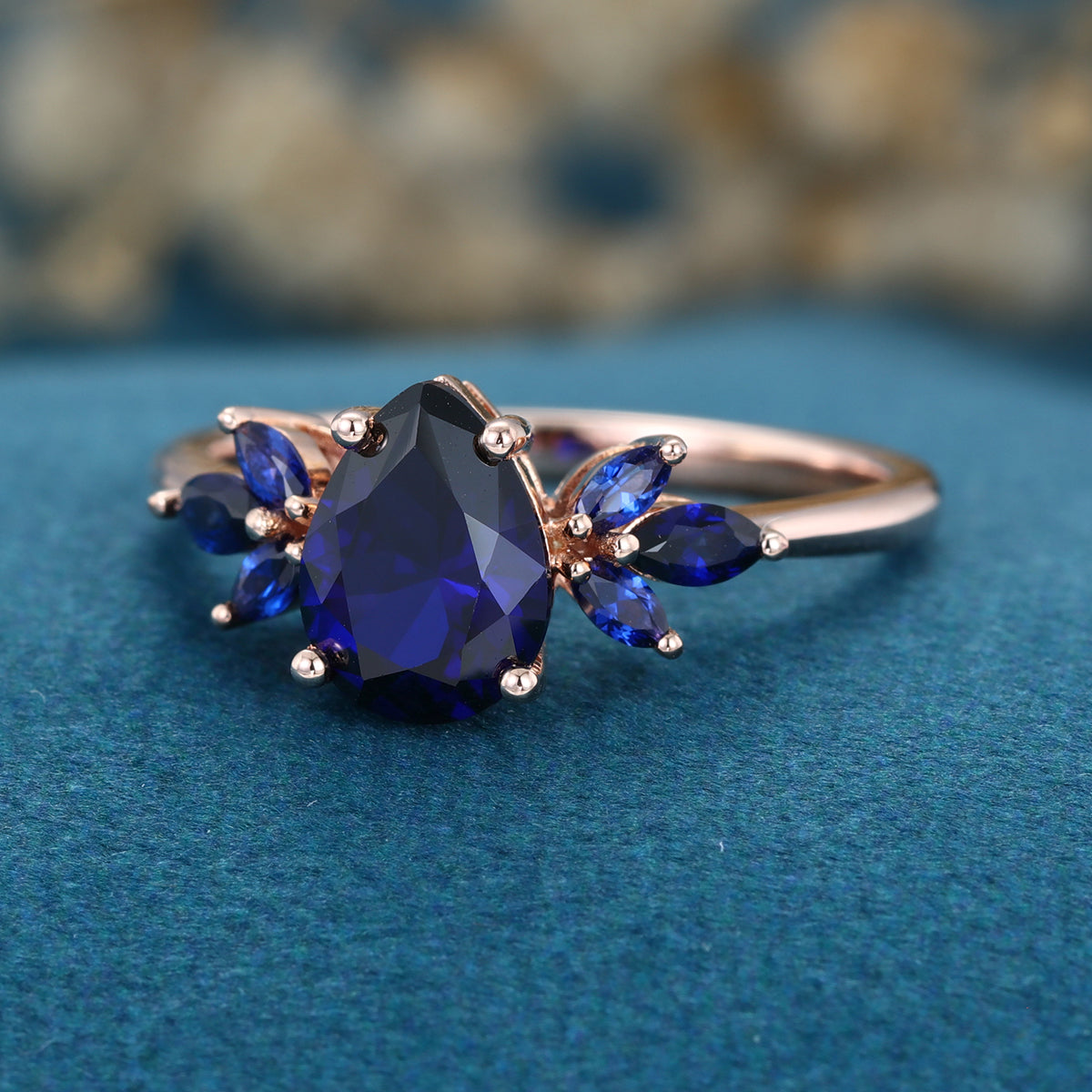 Pear cut Lab Blue Sapphire Solid Gold Engagement Ring