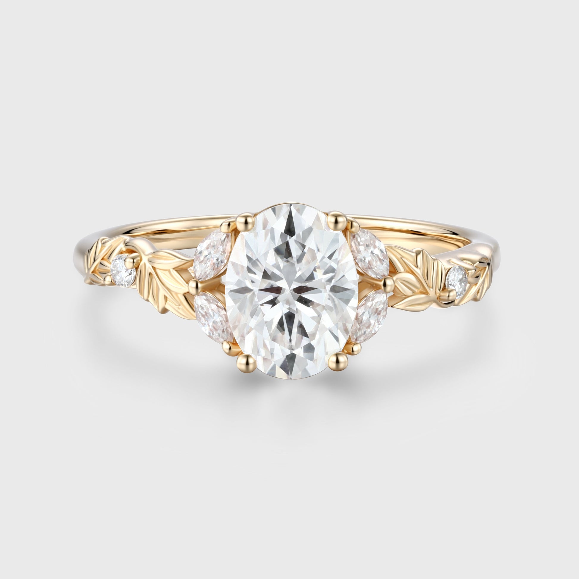 Nature Inspired Oval cut Moissanite Leaf Gold Engagement Ring