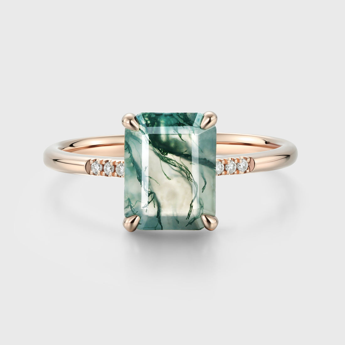 Emerald cut Moss Agate Side Stone Engagement Ring