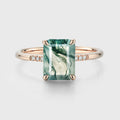 Emerald cut Moss Agate Side Stone Engagement Ring