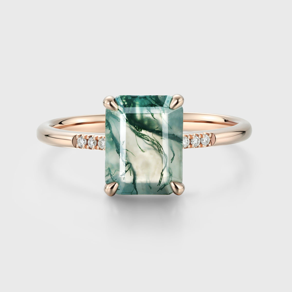 Emerald cut Moss Agate Side Stone Engagement Ring