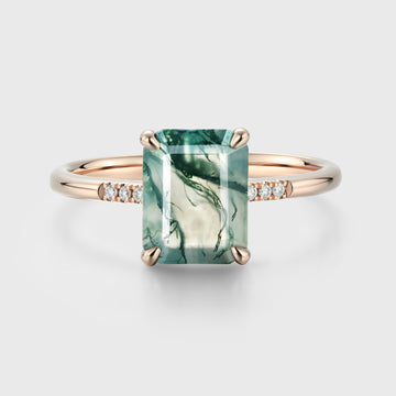 Emerald cut Moss Agate Side Stone Engagement Ring