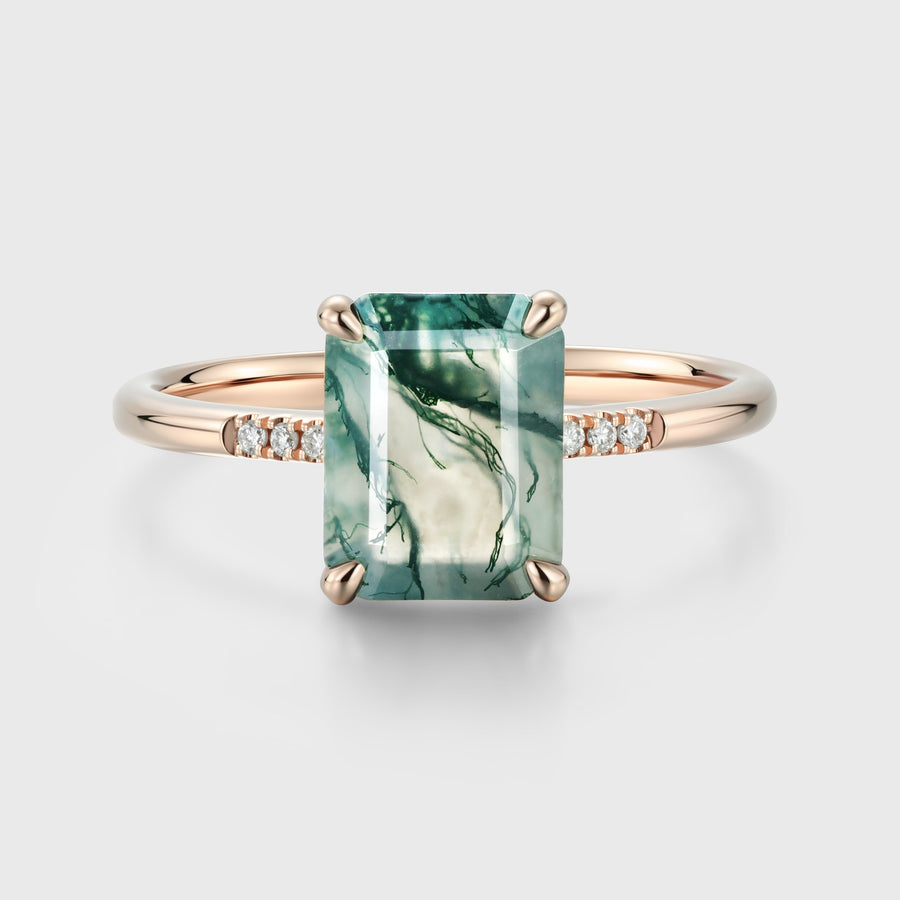 Emerald cut Moss Agate Side Stone Engagement Ring