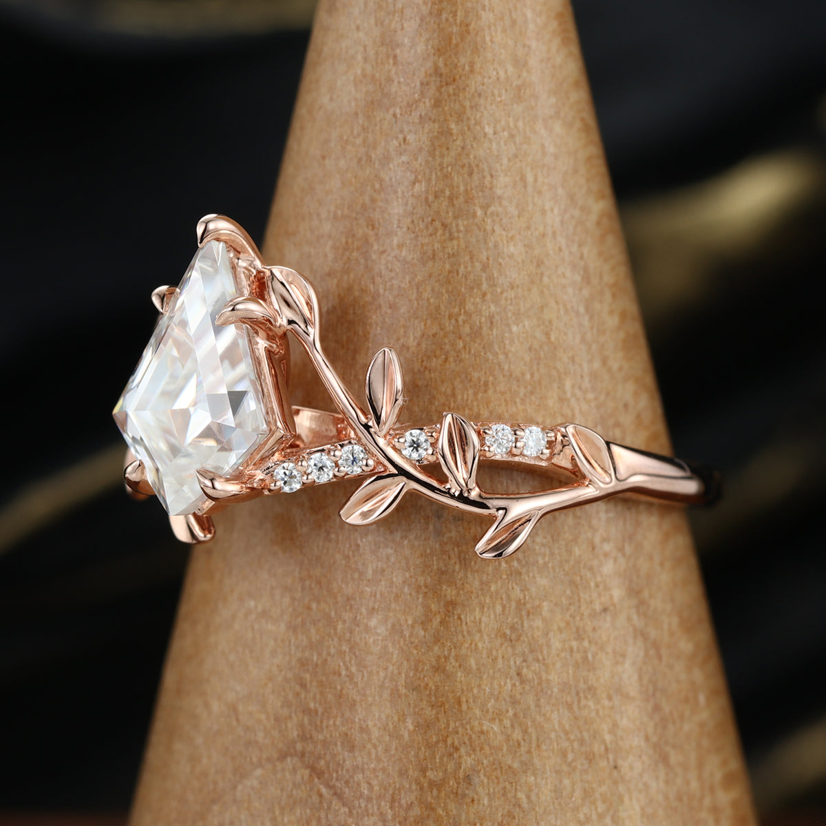 Nature Inspired Kite cut Moissanite Leaf Gold Engagement Ring