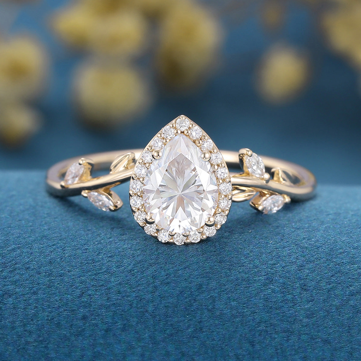 Pear cut Moissanite leaf Engagement Ring