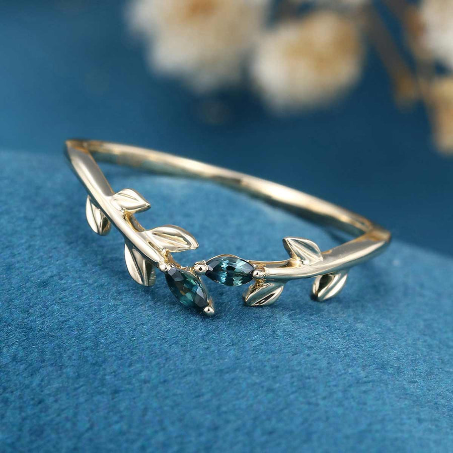 Marquise cut Blue Green Sapphire leaf Curved Wedding Band Ring 