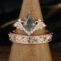 Forever Glow Moss Agate Couple Rings | Rose Gold Leaf Wedding Bridal Set (Copy)