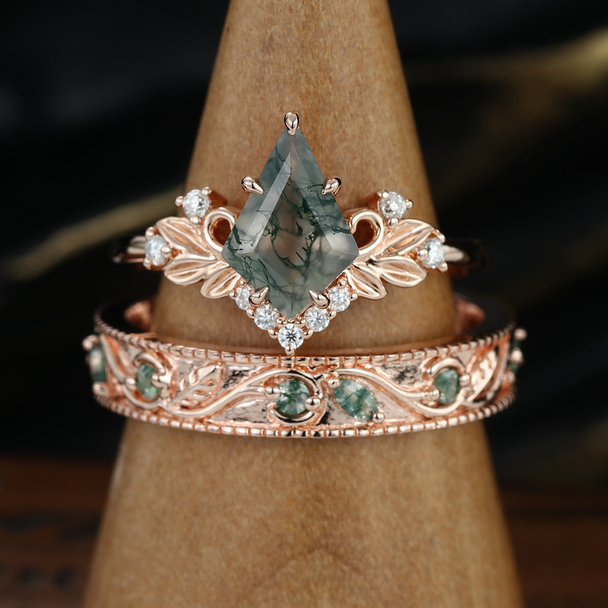 Forever Glow Moss Agate Couple Rings | Rose Gold Leaf Wedding Bridal Set (Copy)