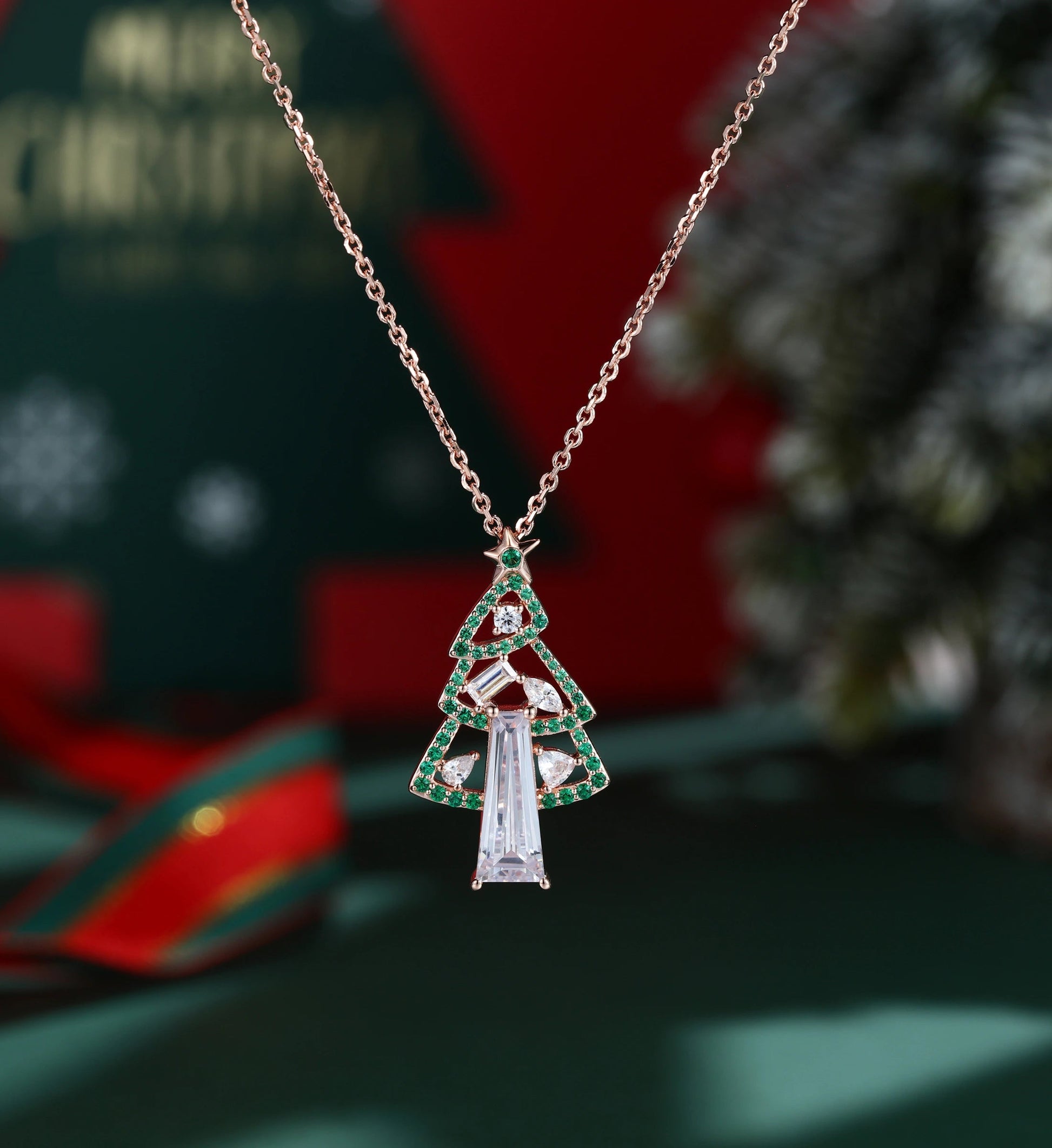 Christmas Tree Pendant Necklace with Moissanite + Lab Emerald Halo Accents