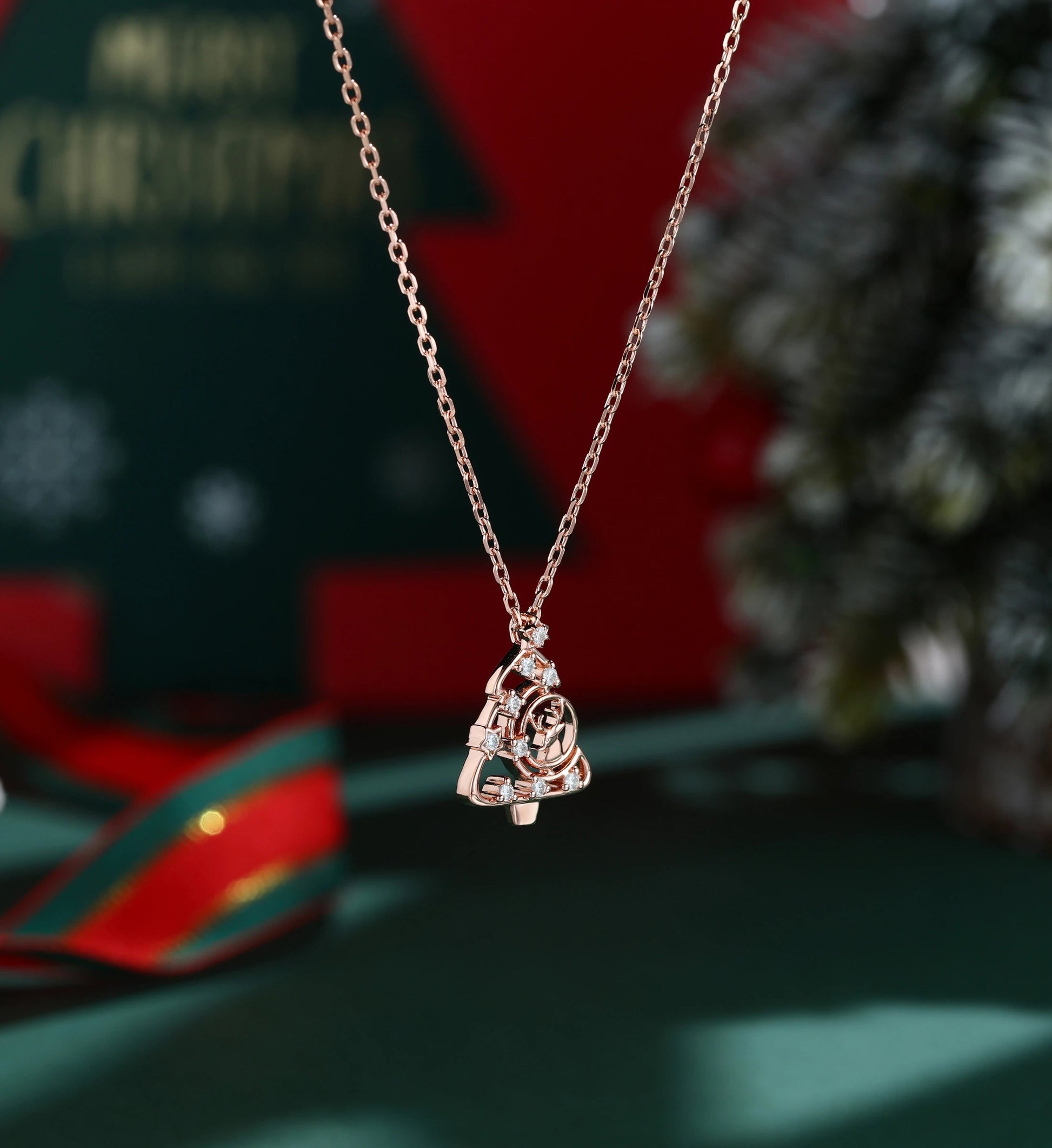 Christmas Tree Pendant Necklace with Moissanite or Diamonds Halo Accents