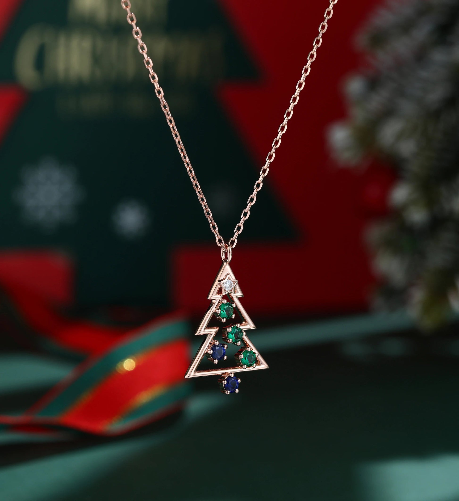 Christmas Tree Pendant Necklace with Moissanite| Lab Blue Sapphire  | Lab Emerald