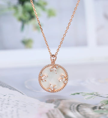 Round cut Mother of Pearl Pendant Necklace with Diamonds Halo Accents