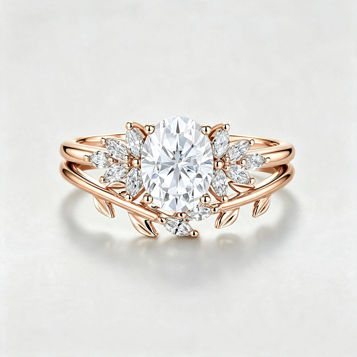 1.5 Carat Vintage Oval cut Moissanite Cluster Engagement ring Bridal Set