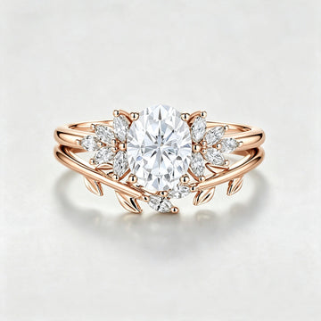1.5 Carat Vintage Oval cut Moissanite Cluster Engagement ring Bridal Set