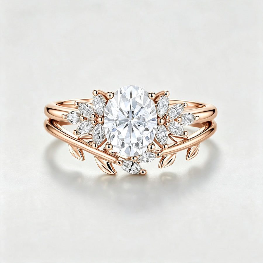 1.5 Carat Vintage Oval cut Moissanite Cluster Engagement ring Bridal Set