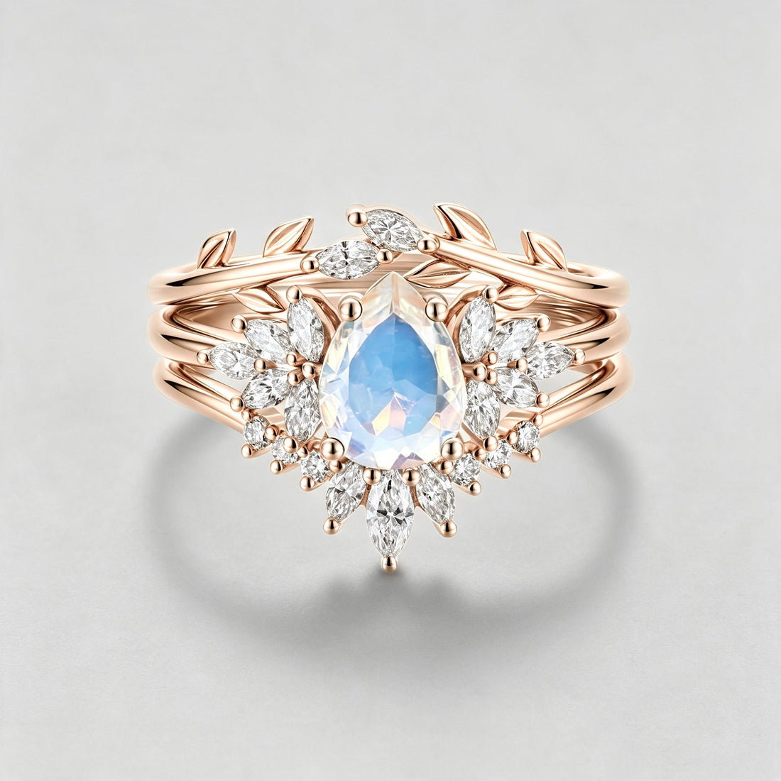 3PCS Pear Moonstone Cluster Engagement Ring Bridal Set