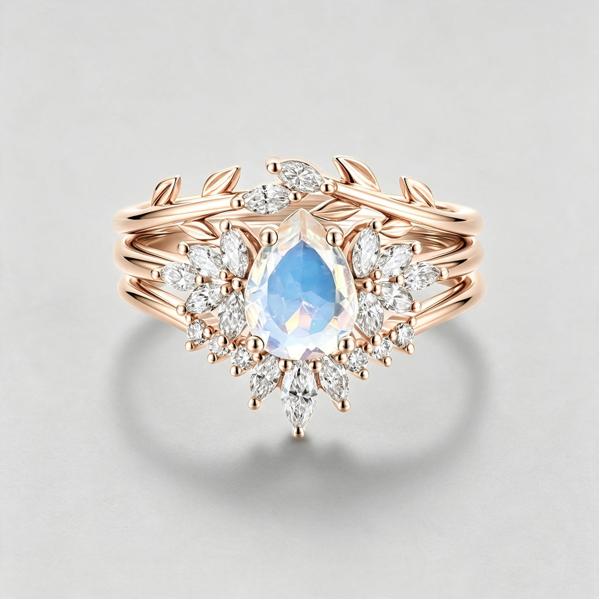 3PCS Pear Moonstone Cluster Engagement Ring Bridal Set