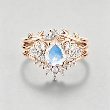 3PCS Pear Moonstone Cluster Engagement Ring Bridal Set