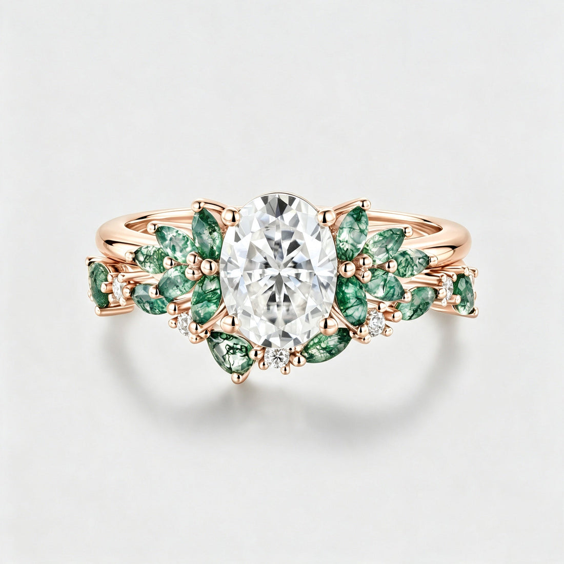 Oval cut Moissanite Engagement ring +Moss agate Wedding Bridal set