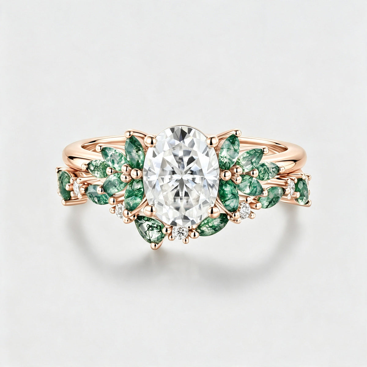 Oval cut Moissanite Engagement ring +Moss agate Wedding Bridal set