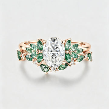 Oval cut Moissanite Engagement ring +Moss agate Wedding Bridal set