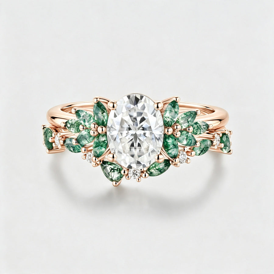 Oval cut Moissanite Engagement ring +Moss agate Wedding Bridal set