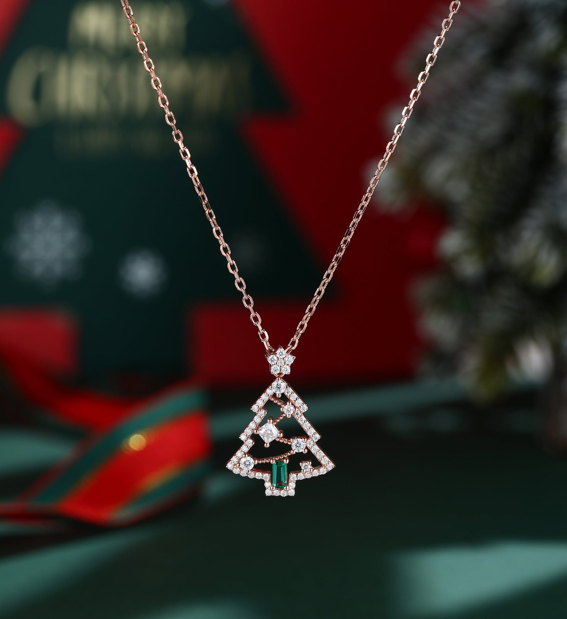 Christmas Tree Lab Emerald Pendant Necklace with Moissanite Halo Accents