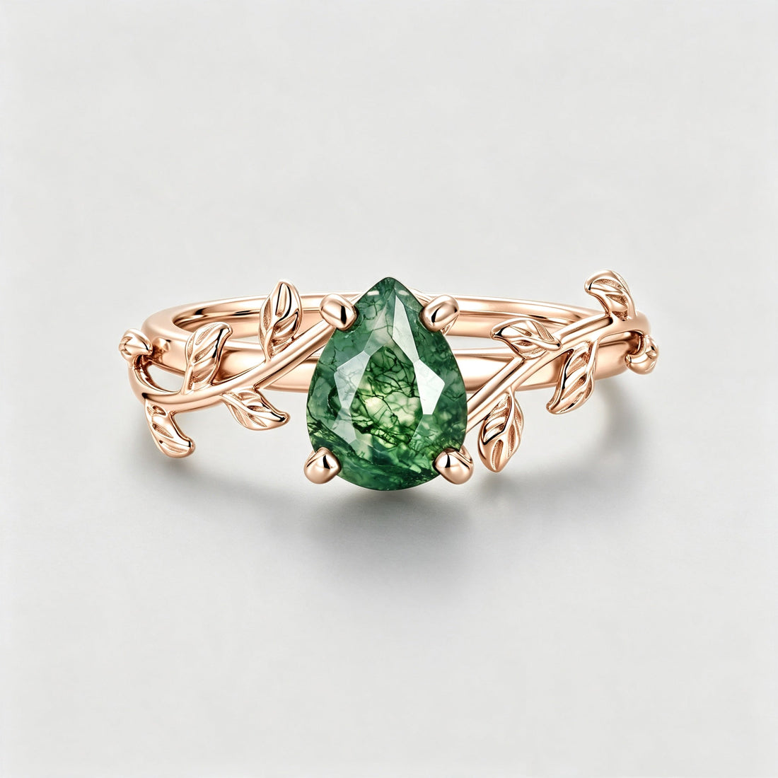 Nature Inspired Pear cut Moss Agate Leaf Gold Engagement Ring