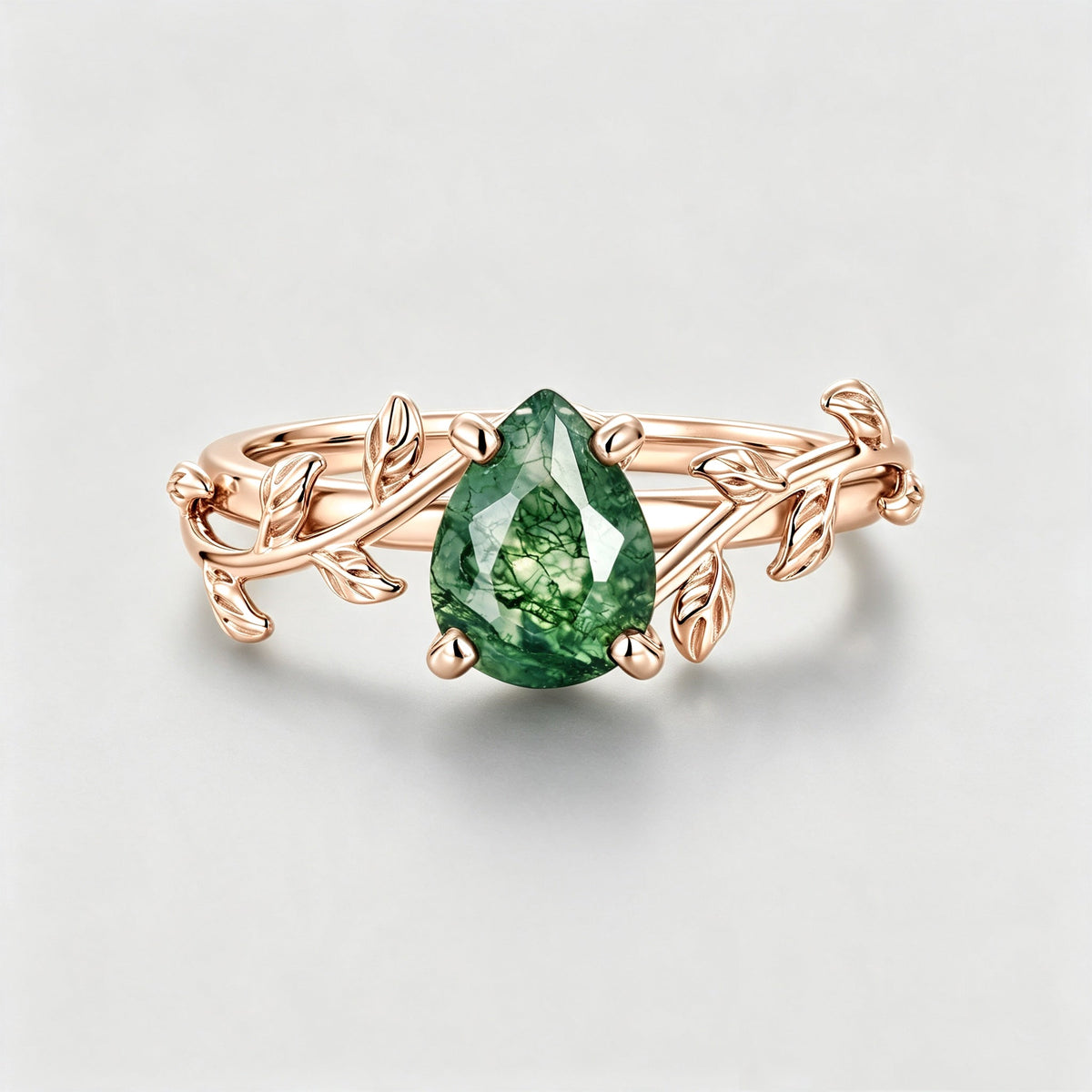 Nature Inspired Pear cut Moss Agate Leaf Gold Engagement Ring
