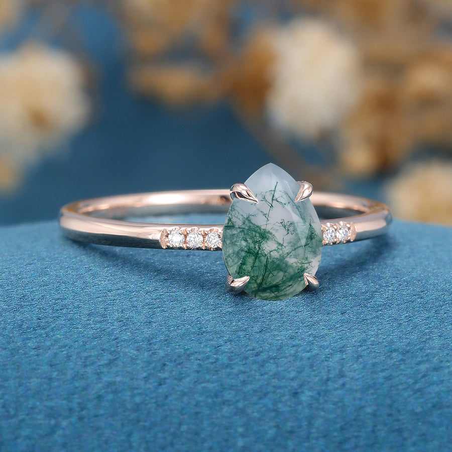 Natural Green Moss Agate pear cut cluster Engagement Ring 