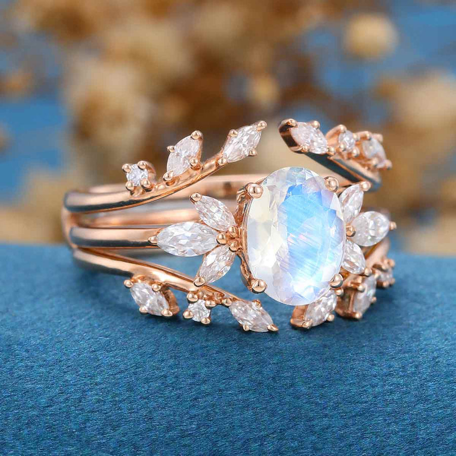 Oval cut Moonstone | Moissanite Cluster Engagement Bridal Set