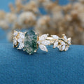 Long Hexagon cut Moss Agate Gold Engagement Ring