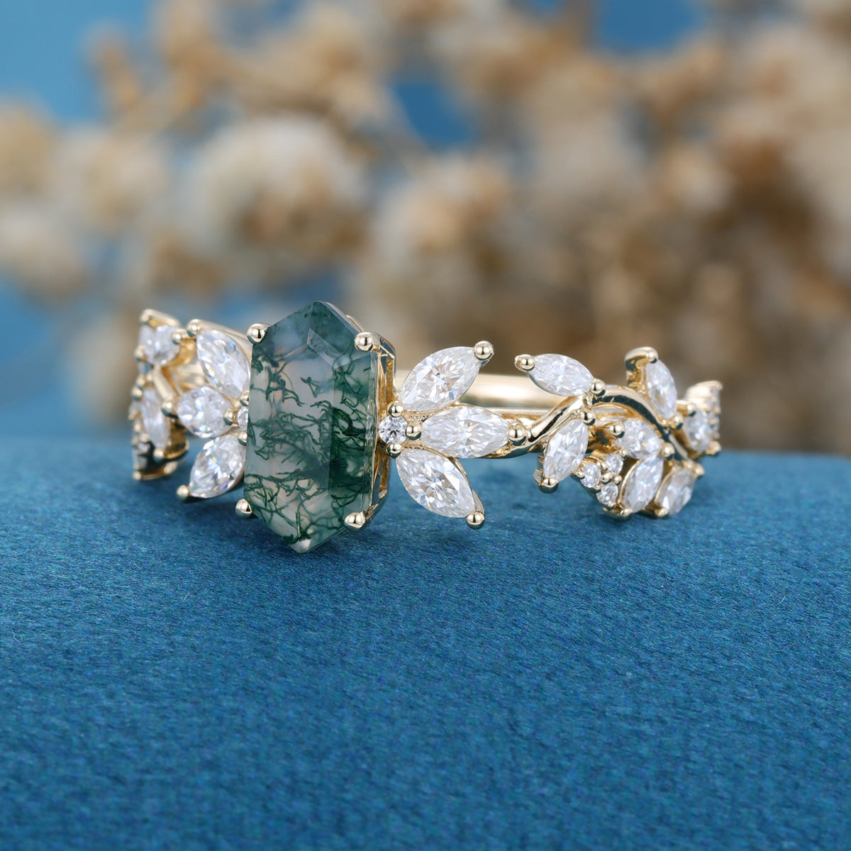Long Hexagon cut Moss Agate Gold Engagement Ring