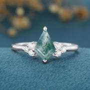 Kite Cut Natural Green Moss Agate Cluster Engagement Ring