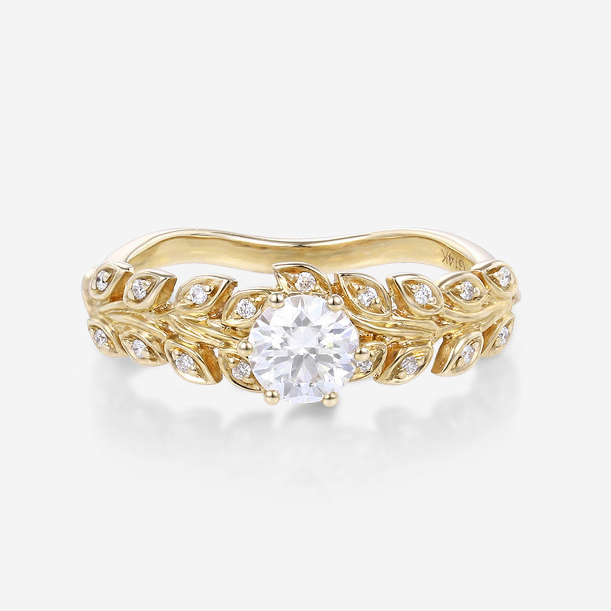 Nature Inspired Round cut Moissanite Leaf Gold Engagement Ring