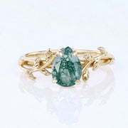 Nature Inspired Pear cut Moss Agate Leaf Gold Engagement Ring