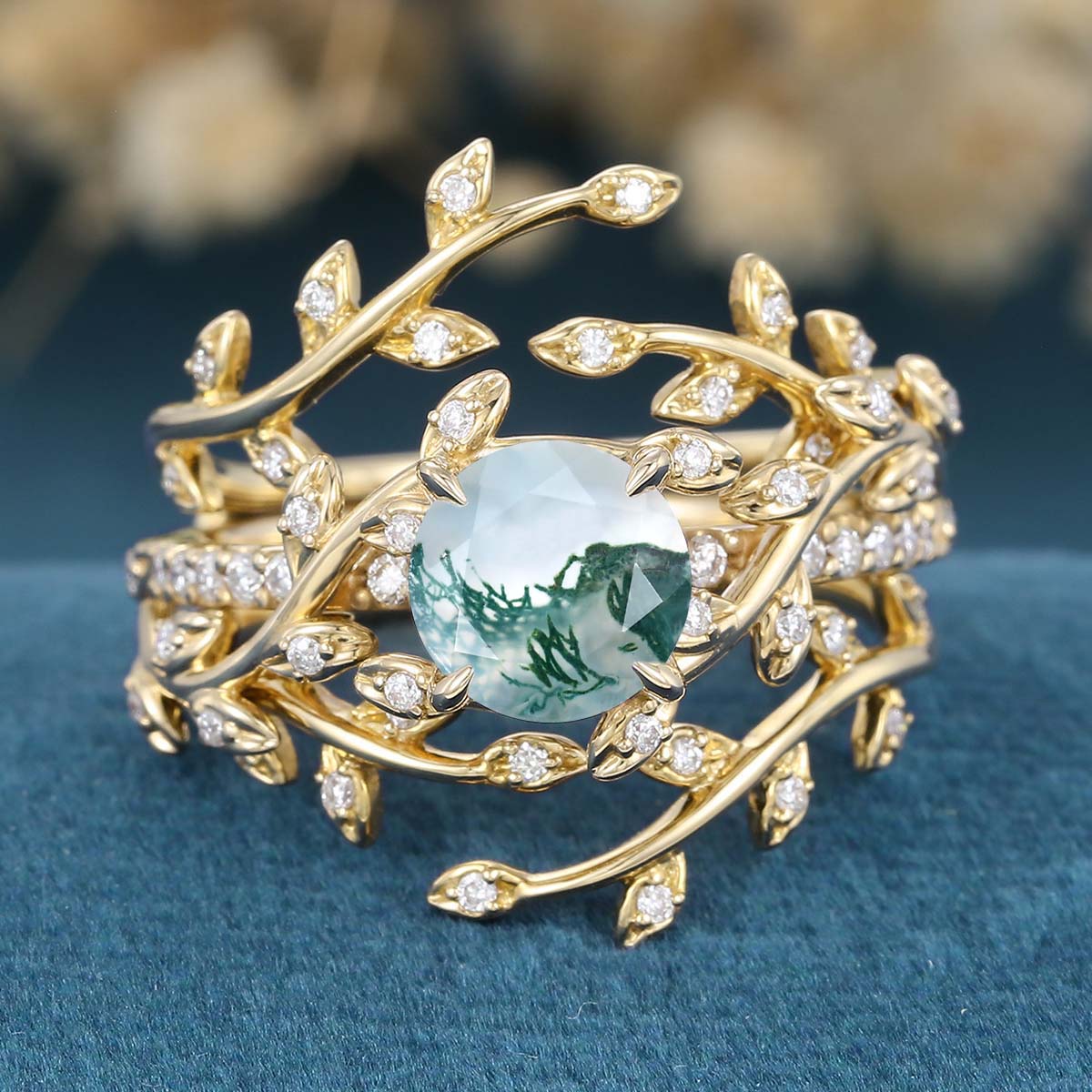 Copy of Nature Inspired Oval cut Moss Agate Leaf Gold Engagement Ring