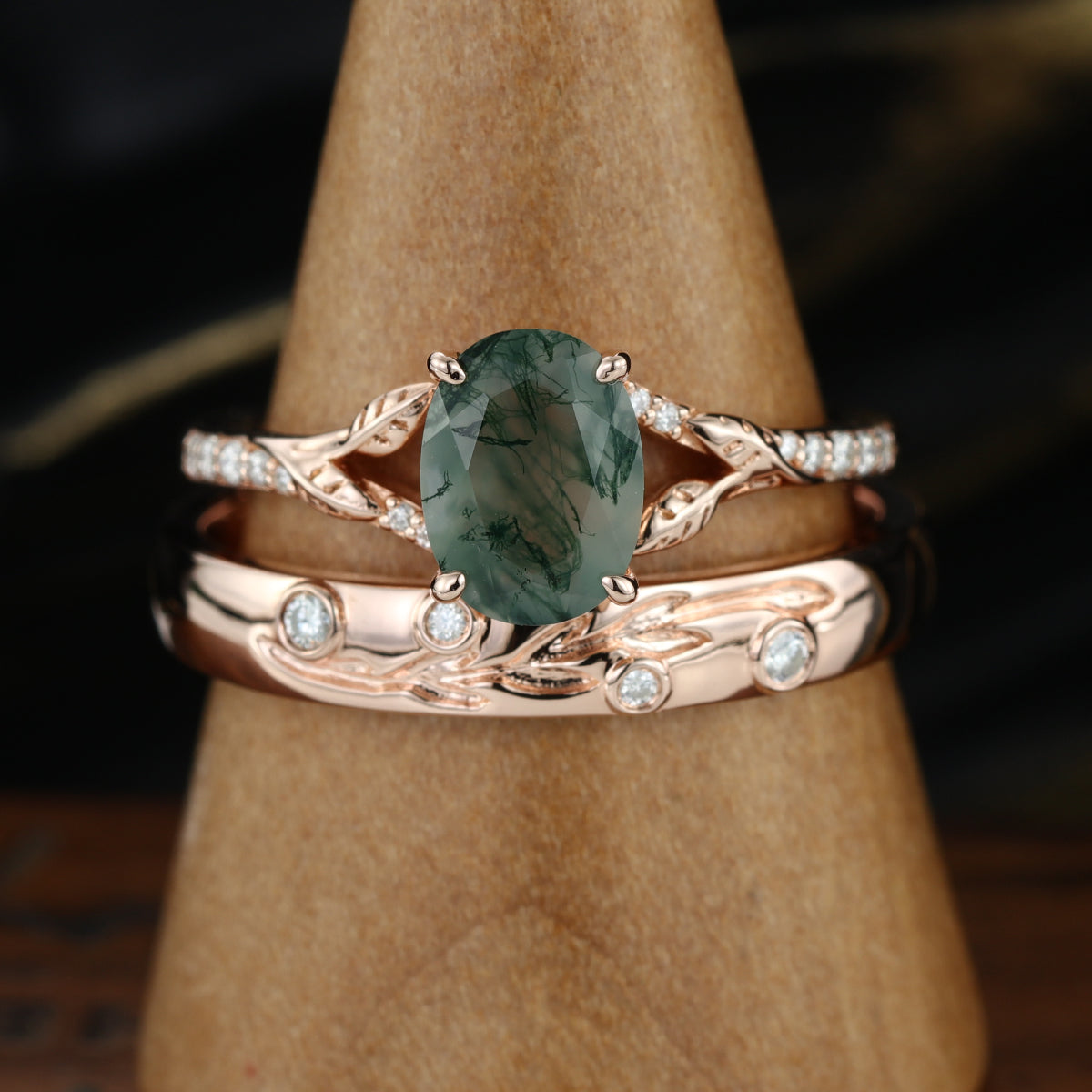 Enchanted Forest Moss Agate Couple Rings | Rose gold | Handcrafted Nature-Inspired Jewelry