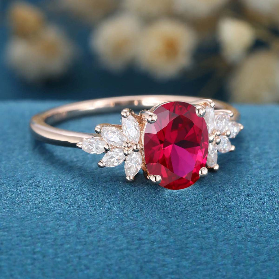 Oval cut Lab Ruby Cluster Engagement Ring 