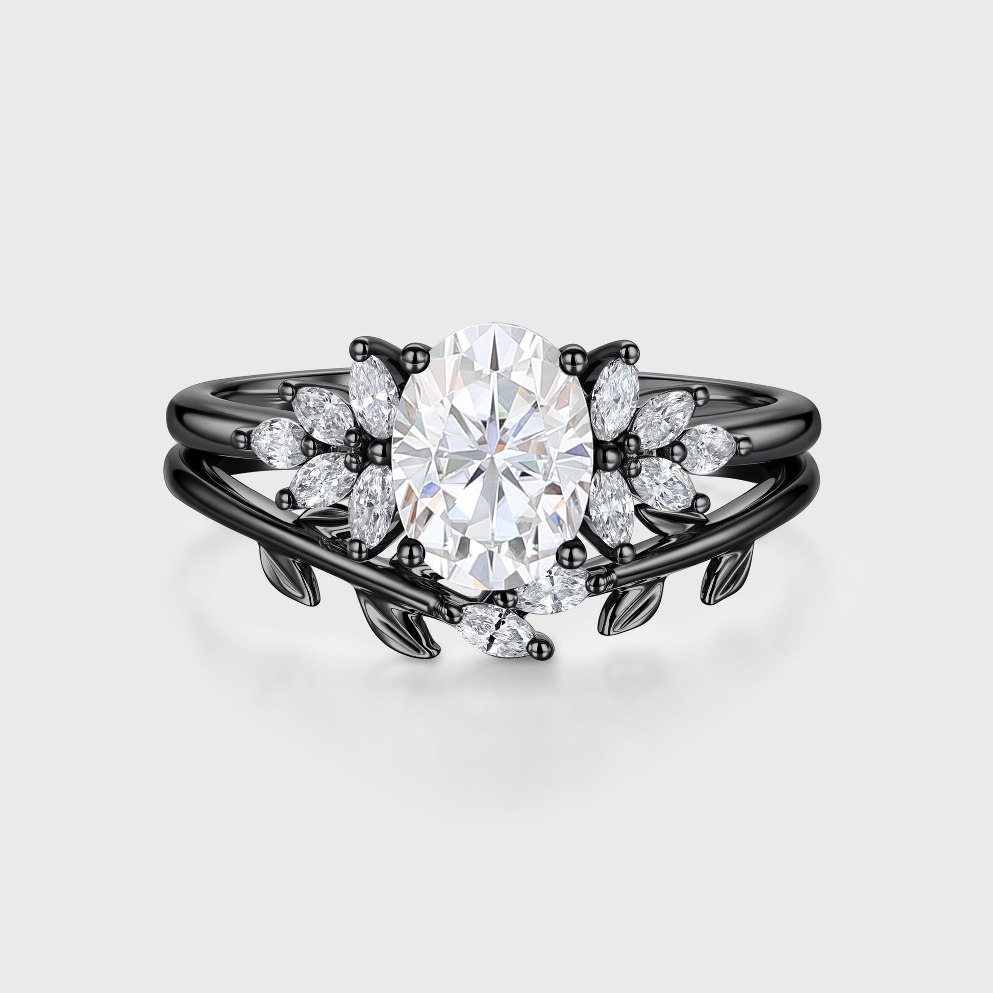 1.5 Carat Vintage Oval cut Moissanite Cluster Engagement ring Bridal Set