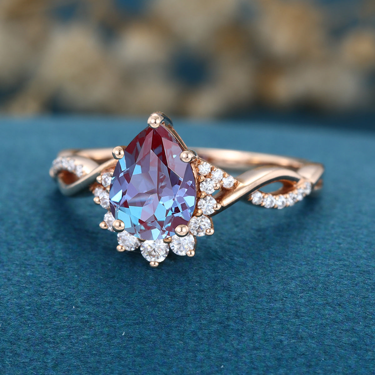 Pear cut Lab Alexandrite Solid Gold Engagement Ring