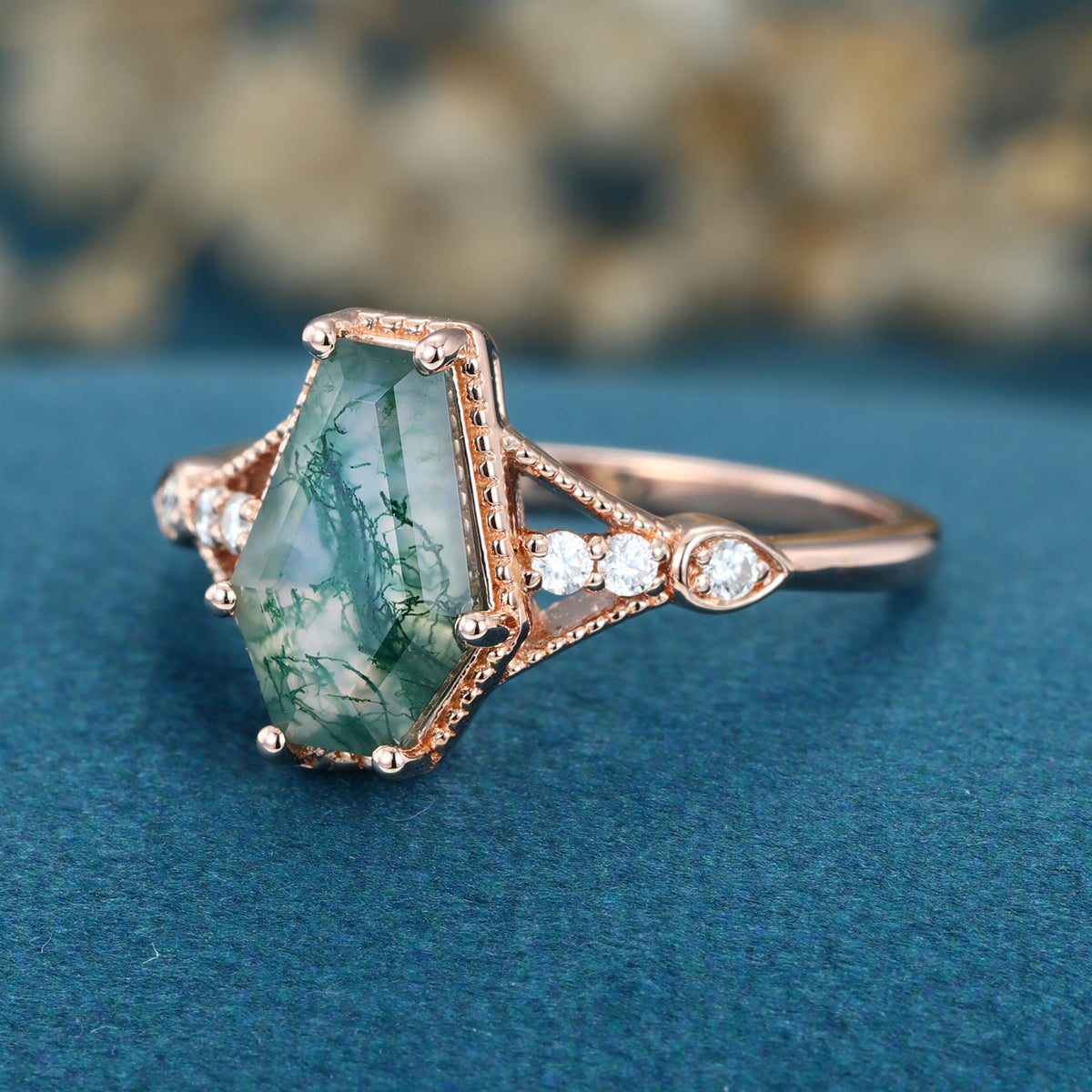 Coffin cut Moss Agate Solid Gold Engagement Ring