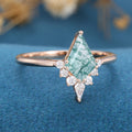 Kite Cut Natural Green Moss Agate Cluster Engagement Ring 