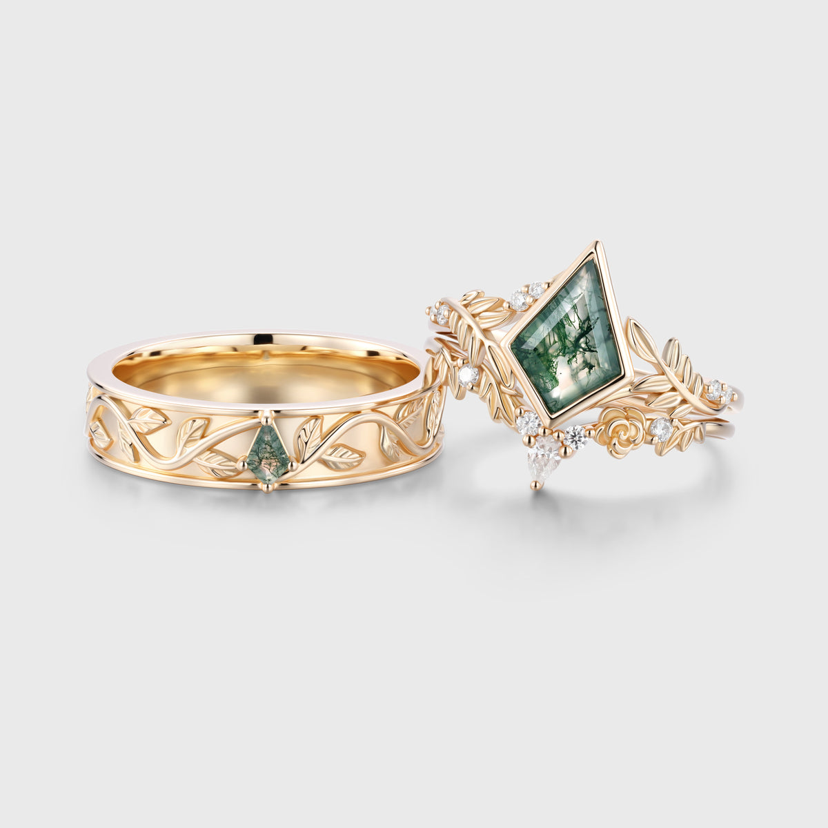 Kite Moss Agate Couples Ring Set- His and Hers Wedding Band Solid Gold Matching Promise Rings